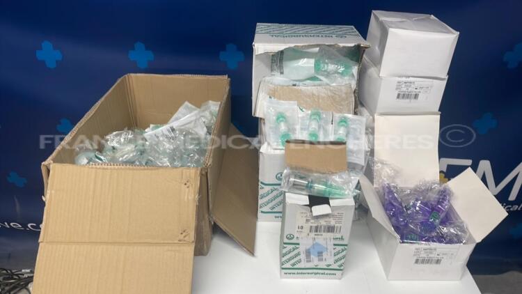 Lot of Armstrong Medical Peep Valves AMPV9010 and Intersurgical Fixed Valve Peep Valve Presets (10cm) and Intersurgical Superset Straight Catheter Mounts (70mm-150mm) 3504000 and Intersurgical Adult Aerosol Masks Ecolite 1188015