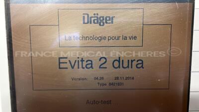 Drager Ventilator Evita 2 dura - S/W 4.26 - Count 139413H (Powers up) - 6