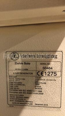 Ziehm C-Arm Solo - YOM 2010 - S/W 1.87 - line voltage 230V -image intensifier TH 9428 HP2 H219RF 23/15/10 CM - Tube changed in December 2018 - max KVP 110 KV - total 3.9 MM AI +0.1MM CU - focal spot O.5 - tube housing Solo pulse tested and functional (Po - 15