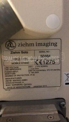 Ziehm C-Arm Solo - YOM 2010 - S/W 1.87 - line voltage 230V -image intensifier TH 9428 HP2 H219RF 23/15/10 CM - Tube changed in December 2018 - max KVP 110 KV - total 3.9 MM AI +0.1MM CU - focal spot O.5 - tube housing Solo pulse tested and functional (Po - 16