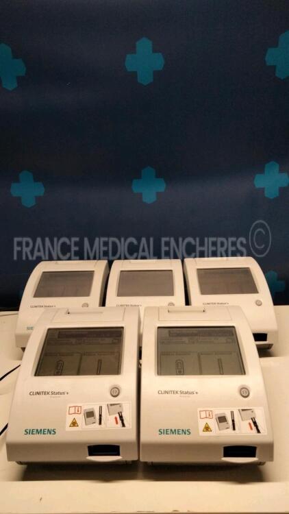 Lot of 5 Siemens Urine Analysers Clinitek Status + - S/W 2.630.001, 2.630.001, 2.400.001, 2.500.001, and 2.500.001 - No power supplies (All power up)