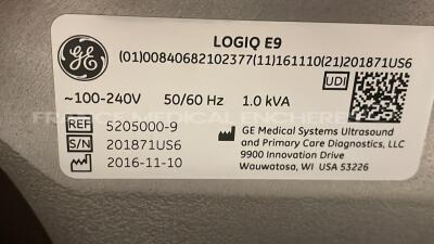 GE Ultrasound Logiq E9 R6 XD Clear 2.0 - YOM 11/2016 - S/W GC1 2.0 - in excellent condition - tested and controlled by GE Healthcare France – ready for clinical use - Options - DICOM - Scan Assist - Logiq Vue - Count Rendered Integrated - ICV Static - 4D - 13