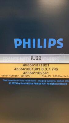 Philips Ultrasound IU22 - YOM 2007 - S/W 6.3.7.745 - Options clinical option abdomen - contrast general imaging - TCD - premium imaging - panaoramic imaging - basic 3D imaging - netlink DICOM 3.0 - IMT - ROI tools - QLAB MVI - smart exam - PAL video optio - 6