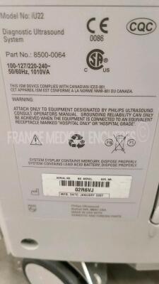 Philips Ultrasound IU22 - YOM 2007 - S/W 6.3.7.745 - Options clinical option abdomen - contrast general imaging - TCD - premium imaging - panaoramic imaging - basic 3D imaging - netlink DICOM 3.0 - IMT - ROI tools - QLAB MVI - smart exam - PAL video optio - 11