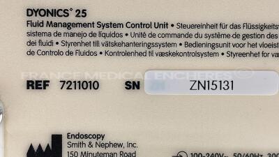 Lot of 3 Smith and Nephew Fluid Management System Control Unit Dyonics 25 - 1.41.08/1.41.08/1.40.00 - YOM 2005/2015 - missing cassettes (All power up) - 11