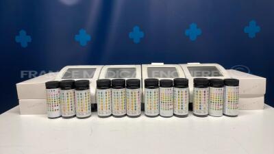 Lot of 4 Siemens Urine Analyzers Clinitek Status - S/W 2.200.007/2.200.007/2.200.007/2.200.007 - w Siemens reagent strips for urinalysis Multistix 8SG - paper roll (All power up)