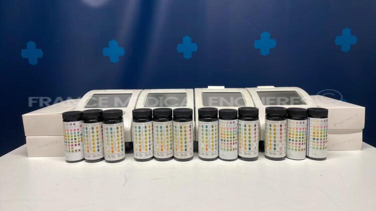 Lot of 4 Siemens Urine Analyzers Clinitek Status - S/W 2.200.007/2.200.007/2.200.007/2.200.007 - w Siemens reagent strips for urinalysis Multistix 8SG - paper roll (All power up)