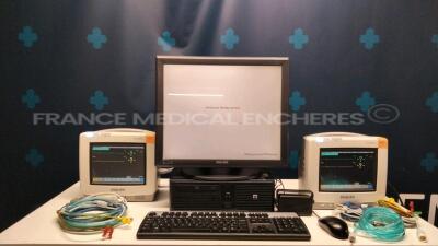 Lot of 2 Philips Patient Monitors MP5 Intellivue - YOM 2009 - S/W 6.01.74 - w/Philips info central database M3150 update 2014 - ECG leads - no power cables (Both power up)