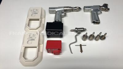 Set of Stryker Orthopedic Motors System 7 including Dual Trigger Drill 7205 - Sagittal Saw 7208 - attachments Dual trigger pin collet 7203-126 - Hudson modified trinkle 6203-135 - AO large drill 6203-210 - Triathlon 6203-170 - Small drill 6203-110 - 2 