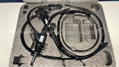 Fujinon Gastroscope EC-530ZWM- YOM 2006 Engineer's report : Optical system small leak on the lens ,Angulation no fault found , Insertion tube no fault found , Light transmission small light loss , Channels no fault found, Leak check no fault found