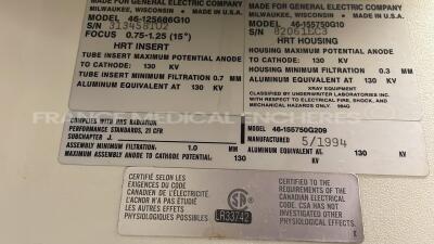 GE Mobile X-Ray VMX Plus - focus 0.75-1.25 (15°) HRT insert - tube insert maximum potential anode to cathode 130 KV - tube insert minimum - filtration 0.7 mm - aluminium equivalent at 130 KV - HRT housing - housing maximum - potential anode to cathode - h - 13