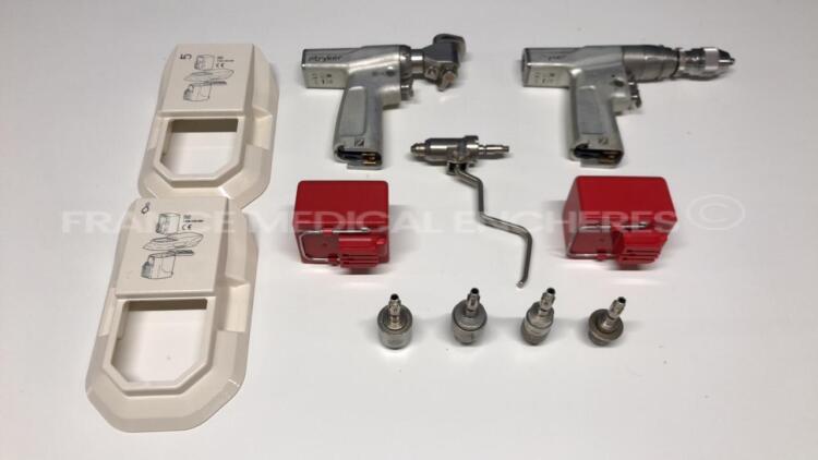 Set of Stryker Orthopedic Motors System 7 including Dual Trigger Drill 7205 - Sagittal Saw 7208 - attachments Dual trigger pin collet 7203-126 - Hudson modified trinkle 6203-135 - AO large drill 6203-210 - Triathlon 6203-170 - Small drill 6203-110 - 2