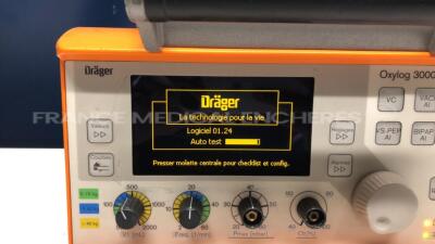 Drager Transport Ventilator Oxylog 3000 S/W 1.24 -YOM 2008 no power supply (Powers up) - 2