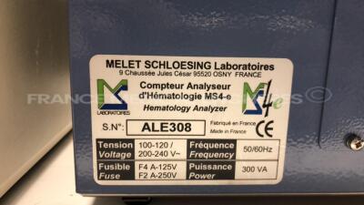 Lot of 1 x Melet Schloesing Hematology Analyzer MS4-e - w/ Melet Schloesing can Vet - no power supply for the test for the Can Vet - no power cable (Powers up) - 4