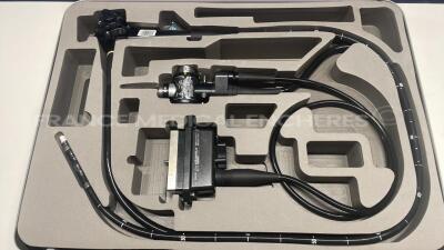 Olympus Gastrovideoscope GF-UE160-AL5 Engineer's report : Optical system no fault found endoscopy image ok - ultrasound image ok ,Angulation no fault found , Insertion tube little pinch , Light transmission no fault found , Channels no fault found , Le