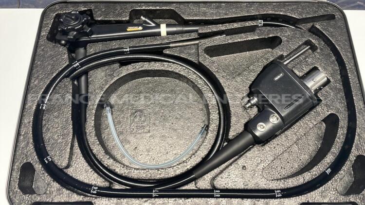 Pentax Colonoscope EC-3890FI - Engineer's report : Optical system no fault found ,Angulation no fault found , Insertion tube little pinch , Light transmission no fault found , Channels no fault found, Leak check no fault found