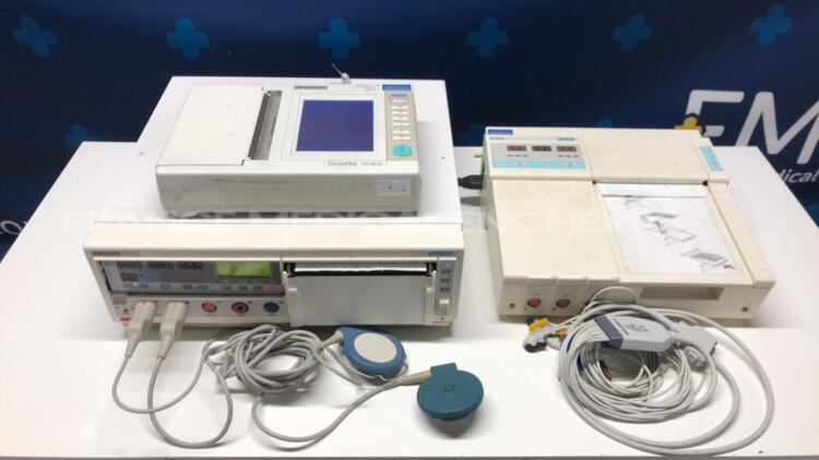 Lot of 1 Agilent Fetal Monitor Series 50 XMO 1353A with sensors and 1 x Agilent ECG Series 50IP M130C with ECG leads and 1 x Fukuda Denshi ECG FX-310 - no power cables (All power up)