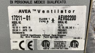 Viasys Ventilator Avea - S/W 4.6 - Count 71489H w/ 10 Carfusion Disposable Expiratory Filters (Powers up) - 7