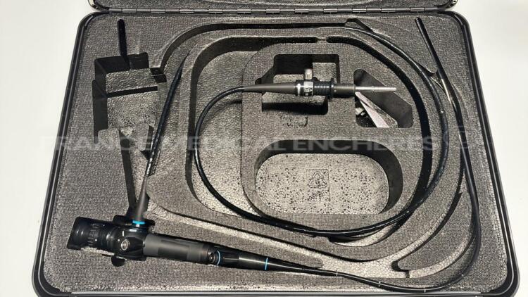 Olympus Bronchoscope BF-PE2 - Engineer's report : Optical system 3 black dots on image ,Angulation no fault found , Insertion tube leak to be repaired , Light transmission no fault found , Channels no fault found, Leak check no fault found