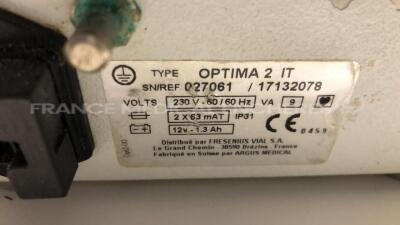 Lot of 4 Fresenius Perfusion Pumps including 1 x Optima 3 - 3 x Optima 2IT - no power cables (All power up) - 7