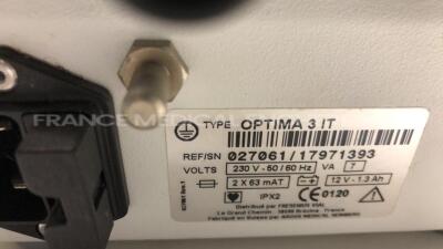 Lot of 4 Fresenius Perfusion Pumps including 1 x Optima - 1 x Optima 3 - 2 x Optima 2IT - no power cables (All power up) - 9