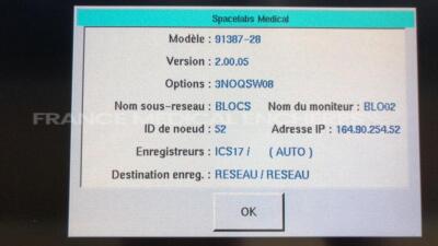 Lot of 2 Spacelabs Patient Monitors Ultraview SL - S/W 2.00.05 w/ Spacelabs central units Ultraview SL/SL including ECG hoses and SPO2 hoses and Cuffs and Bis hoses (Both power up) - 5