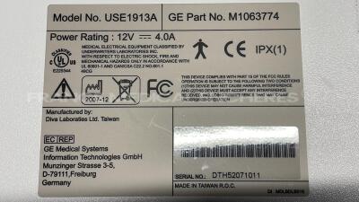 Lot of GE/Datex Ohmeda Monitoring including 2 Monitors USE1913A - 1 x Monitor D-LCC-19-02 - 3 x docking stations F-CU8-11-VG1 6 - 4 x modules E-INTPSM - 18