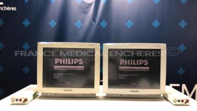 Lot of 2 Philips Patient Monitors IntelliVue Cardiac 8007A - YOM 2003 - S/W L.01.22 - w/ 2 ECG Modules & 2 Module Cables - No Power Cables (Both Power Up)