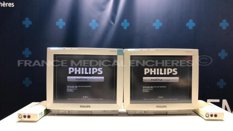 Lot of 2 Philips Patient Monitors IntelliVue Cardiac 8007A - YOM 2003/2005 - S/W L.01.22 - w/ 2 ECG Modules M3001A - YOM 2005/2006 - No Module Cables - No Power Cables (Both Power Up)