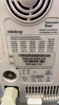 Lot of 2 x Mindray Vital Signs Monitors Datascope Duo - w/ cuffs and SPO2 sensors (Both power up) - 8