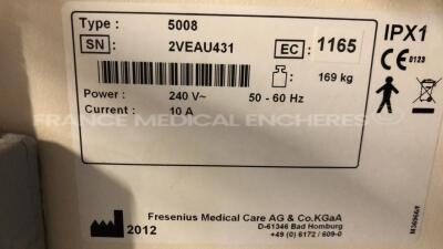 Lot of 2 x Fresenius Dialysis 5008 Cordiax - YOM 2011/2012 - S/W 4.57 - count 40058 hours/ 41347 hours (Both power up) - 11