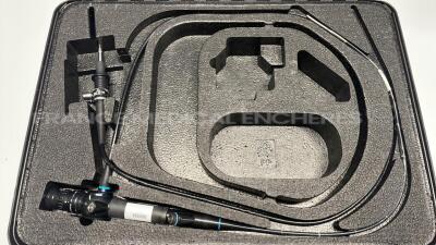 Olympus Bronchoscope BF-PE2 - Engineer's report : Optical system black dots on image ,Angulation no fault found , Insertion tube to be repaired leak , Light transmission no fault found , Channels no fault found, Leak check no fault found -