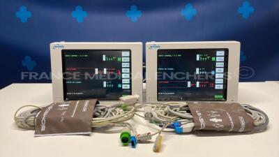 Lot of 2 Spacelabs Patient Monitors 90367 - w/ ECG leads - SPO2 sensors - no power cables (Both power up)