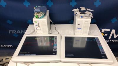 Lot of 2 Spacelabs Patient Monitors Ultraview SL - S/W 2.00.05/2.03.11 w/ Spacelabs central units Ultraview SL/SL including module ECG/SPO2/TI2 BIS and ECG hoses and SPO2 hoses and Cuffs and Bis hoses (Both power up)