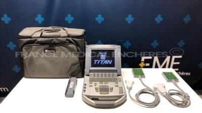 Sonosite High Resolution Ultrasound System Titan PO4240-04 - YOM 2004 - Version Boot 20.80.201.114 - w/ DVI Mini-Dock P05964-06 - YOM 2007 - w/ Transducers L38/10-5 MHz & C60/5-2 MHz - YOM 2004 - including 10.8 V Li-Ion Battery - YOM 2014 (Powers up)