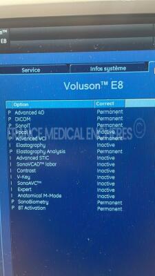 GE Ultrasound Voluson E8 BT13 - YOM 11/2010 - S/W 13.0.1 - Options Advanced 4D - DICOM - Sono IT - Advanced VCI - Elastography Analysis - Sono Biometry - BT Activation including GE Probe RAB4-8-D - YOM 2013 and GE Probe 11L-D - YOM 2020 and GE Probe C1-5- - 10