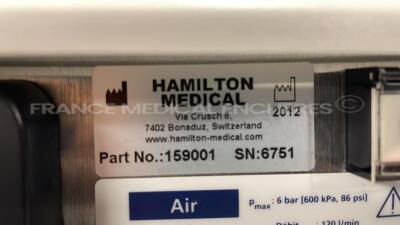 Hamilton G5 ICU Ventilator - YOM 2012 - S/W 02.80g count 47636 hours (Powers up) - 7