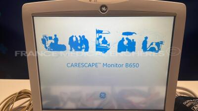 GE Patient Monitor B650 - YOM 2015 - S/W 2.0.7 including Modules E-Entropy and E-NMT and E-PSMP w/ Cuff and ECG leads and T1 sensor and Entropie sensor and Spo2 sensor and NMT sensor (Powers up) - 2