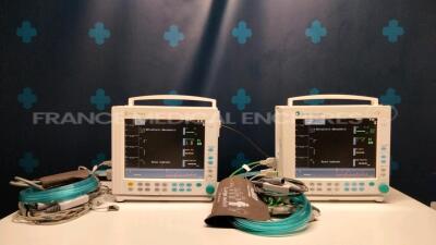 Lot of 2 Datex Ohmeda Patient Monitors F-CM1-04 - YOM 2005/2006 - w/ cuffs - SPO2 sensors - ECG leads (Both power up)