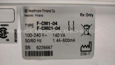Lot of 2 Datex Ohmeda Patient Monitors F-CM1-04 - YOM 2005/2006 - w/ cuffs - SPO2 sensors - ECG leads (Both power up) - 18