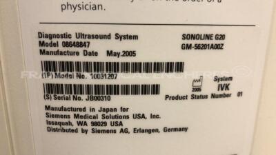 Siemens Ultrasound Sonoline G20 - YOM 2005 - w/ C5-2 probe 2005 - Endo PII Endo-cavity 2006 (probe (Powers up) - 23