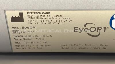 Lot of 1 x Eye Tech Care Treatment for Glaucoma Unit EyeOP1 - YOM 12/2015 - S/W 0AD6 - system error - french language and 1 x Ezem Insufflator ProtoCO2l - YOM 2006 (Both power up) - 9