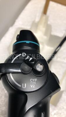 Olympus Cysto-Nephro Videoscope CYF type V2 - Engineer's report : Optical system no fault found ,Angulation no fault found , Insertion tube - pinched and bent, Light transmission no fault found , Channels -no faulkt found - Leak check - leack - 7