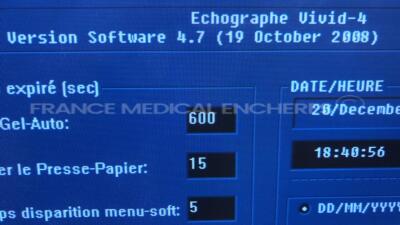 GE Ultrasound Vivid 4 - S/W Version 4.7 - Options - Stress Echo - TManat - Connectivity EchoNET w/ 3S probe - YOM 06/2001 - 7S probe - YOM 12/2004 - P2D probe - Sony Video Graphic printer UP-895MD - Sony Video Recorder SVO-9500MDP (Powers up) - 8