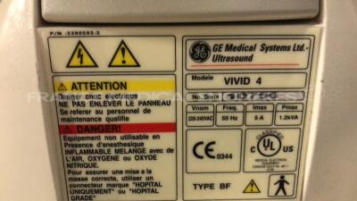 GE Ultrasound Vivid 4 - S/W Version 4.7 - Options - Stress Echo - TManat - Connectivity EchoNET w/ 3S probe - YOM 06/2001 - 7S probe - YOM 12/2004 - P2D probe - Sony Video Graphic printer UP-895MD - Sony Video Recorder SVO-9500MDP (Powers up) - 29