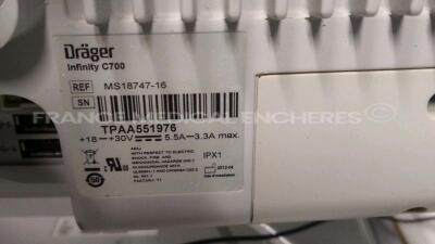 Lot of 3 x Drager Patient Monitors Infinity C700 YOM 2010/2010/2010 - SW 4.0.3 and 3 x Drager patient Monitors M540 YOM 2019/2016/2016 - S/W 4.1.1 and 3 x ECG leads (All power up) - 9