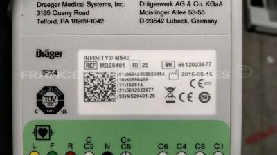 Lot of 3 x Drager Patient Monitors Infinity C700 YOM 2010/2010/2010 - SW 4.0.3 and 3 x Drager patient Monitors M540 YOM 2019/2016/2016 - S/W 4.1.1 and 3 x ECG leads (All power up) - 12