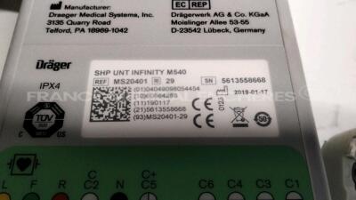 Lot of 3 x Drager Patient Monitors Infinity C700 YOM 2010/2010/2010 - SW 4.0.3 and 3 x Drager patient Monitors M540 YOM 2019/2016/2016 - S/W 4.1.1 and 3 x ECG leads (All power up) - 13