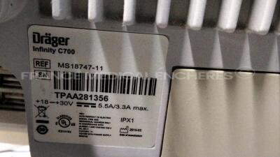 Lot of 3 x Drager Patient Monitors Infinity C700 YOM 2010/2010/2010 - SW 4.0.3 and 3 x Drager patient Monitors M540 YOM 2016/2011/2010 - S/W 4.1.1 and 3 x ECG leads (All power up) - 9