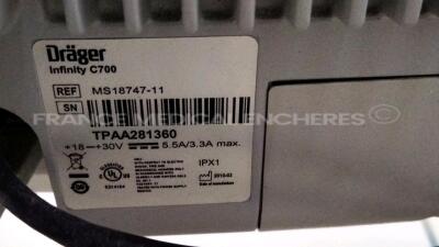 Lot of 3 x Drager Patient Monitors Infinity C700 YOM 2010/2010/2010 - SW 4.0.3 and 3 x Drager patient Monitors M540 YOM 2016/2011/2010 - S/W 4.1.1 and 3 x ECG leads (All power up) - 10